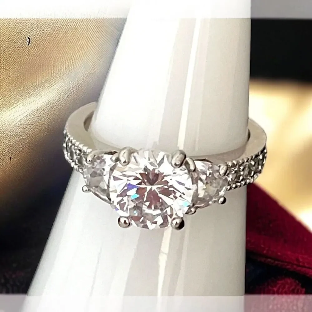 Silver Tone Ring CZ Three Stone Engagement Signed RSC Size 7 - 1E